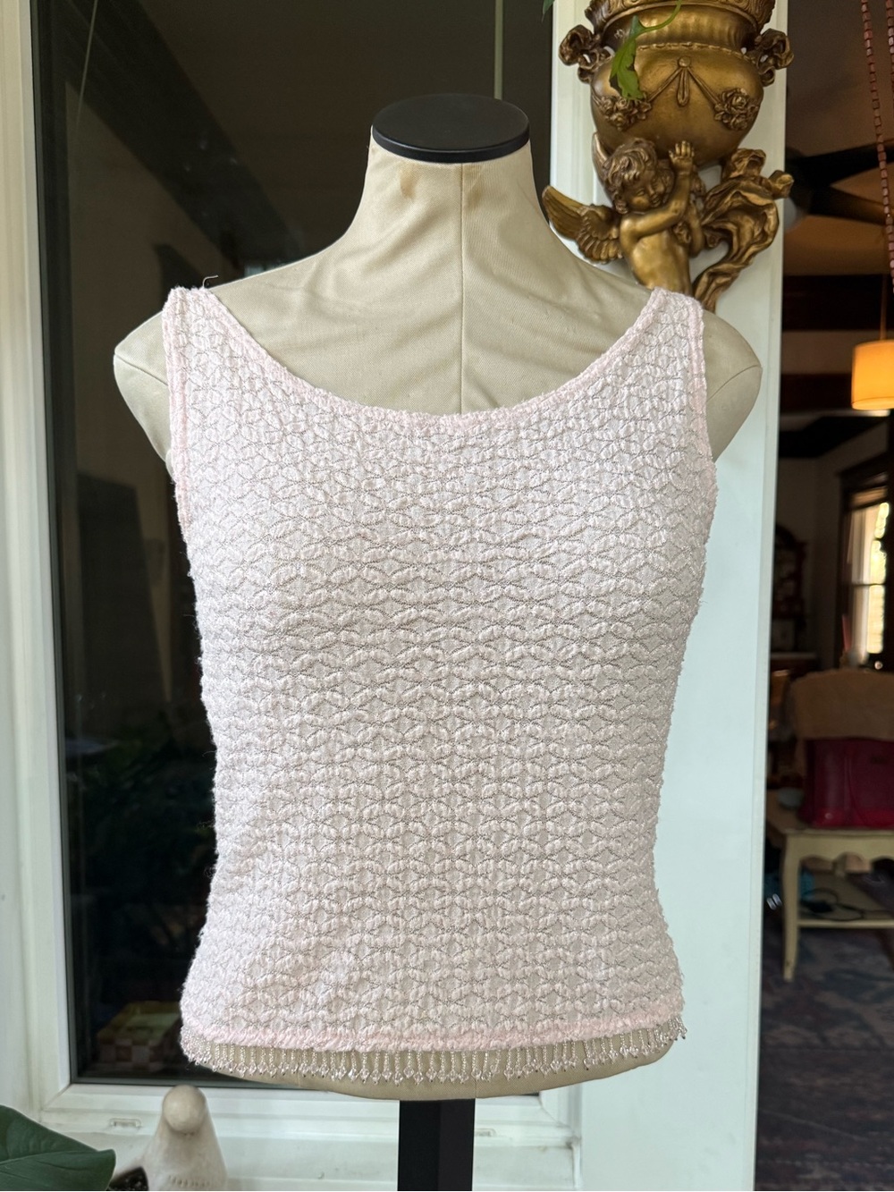 Sleeveless Textured Tank Top with Beaded Tassels- Light Pink